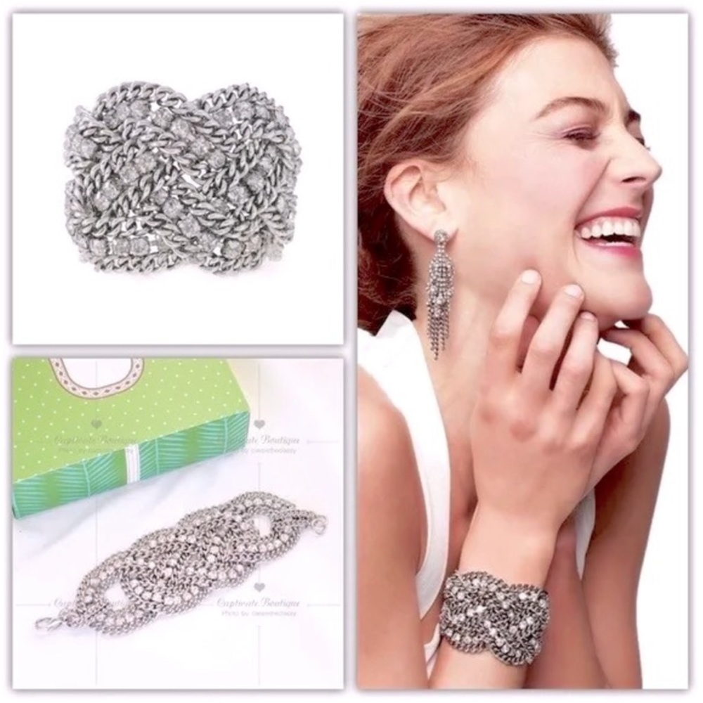 Stella & Dot Petra Silver Cuff Chain Statement Bracelet with Rhinestones